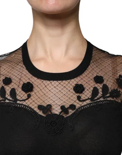 Pre-owned Dolce & Gabbana Black Floral Lace Short Sleeves Blouse Women's Top ()
