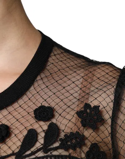 Pre-owned Dolce & Gabbana Black Floral Lace Short Sleeves Blouse Women's Top ()