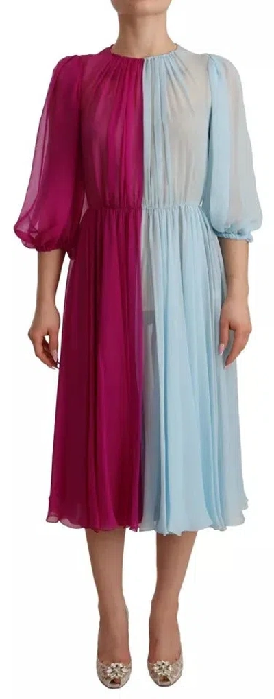 Pre-owned Dolce & Gabbana Fuchsia Light Blue Silk Two Tone Midi Women's Dress ()
