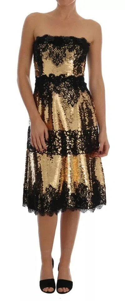 Pre-owned Dolce & Gabbana Gold Strapless Sequin Embellished Lace Women's Dress () In Gold Black