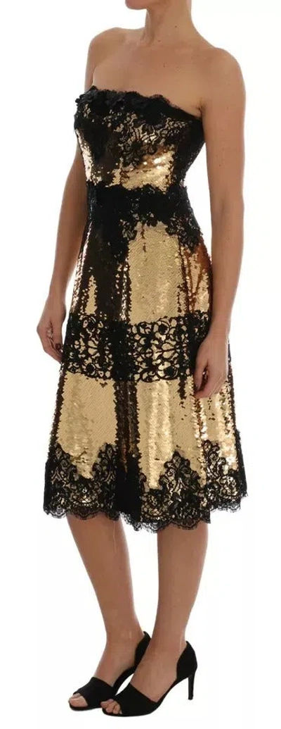 Pre-owned Dolce & Gabbana Gold Strapless Sequin Embellished Lace Women's Dress () In Gold Black