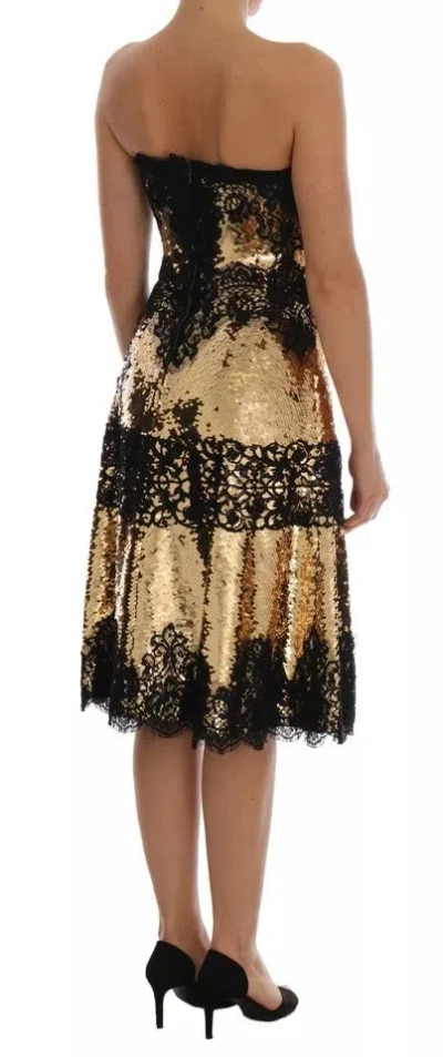 Pre-owned Dolce & Gabbana Gold Strapless Sequin Embellished Lace Women's Dress () In Gold Black