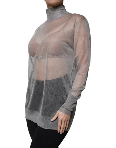 Pre-owned Dolce & Gabbana Grey Mesh Turtleneck Long Sleeve Blouse Women's Top () In Gray