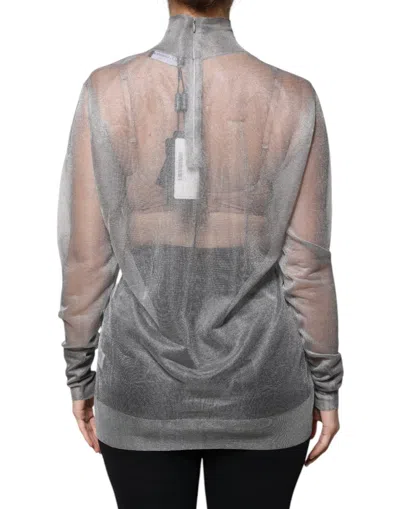 Pre-owned Dolce & Gabbana Grey Mesh Turtleneck Long Sleeve Blouse Women's Top () In Gray
