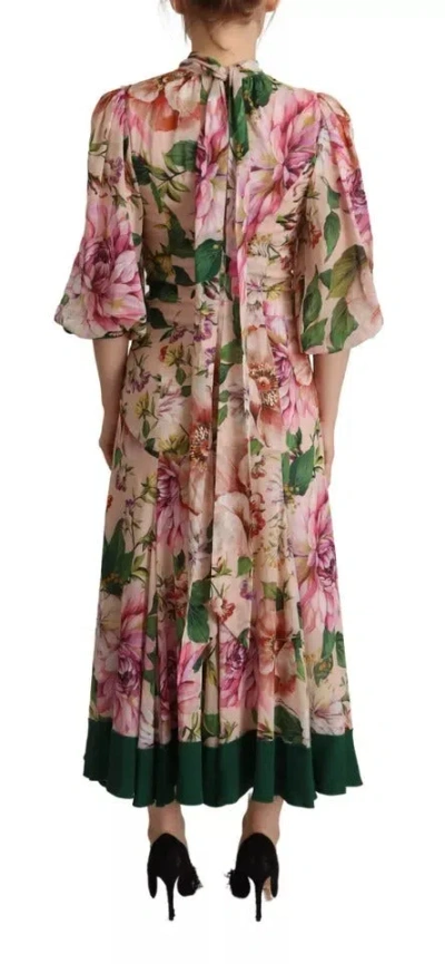 Pre-owned Dolce & Gabbana Pink A-line Sheath Floral Pussy Bow Long Women's Dress ()