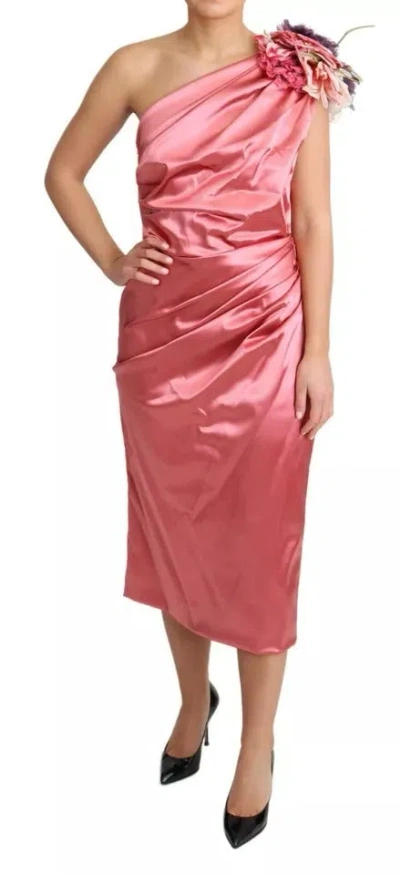 Pre-owned Dolce & Gabbana Pink Draped Midi Flower Applique Women's Dress ()