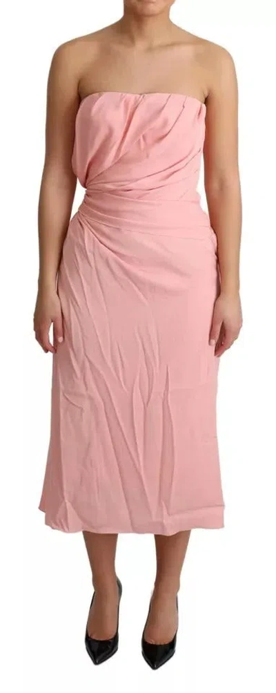 Pre-owned Dolce & Gabbana Pink Silk Stretch Strapless Sheath Midi Women's Dress ()