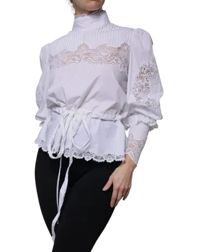 Pre-owned Dolce & Gabbana White Cotton Lace Trim Turtleneck Blouse Women's Top ()