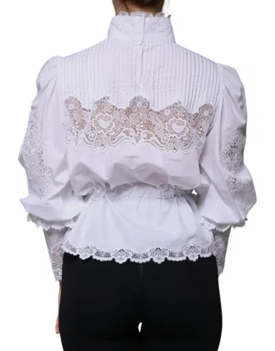 Pre-owned Dolce & Gabbana White Cotton Lace Trim Turtleneck Blouse Women's Top ()