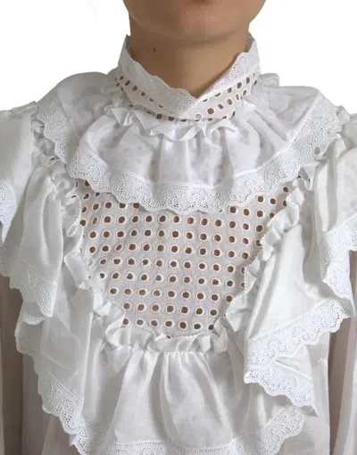 Pre-owned Dolce & Gabbana White Cotton Lace Trim Turtle Neck Women's Blouse ()