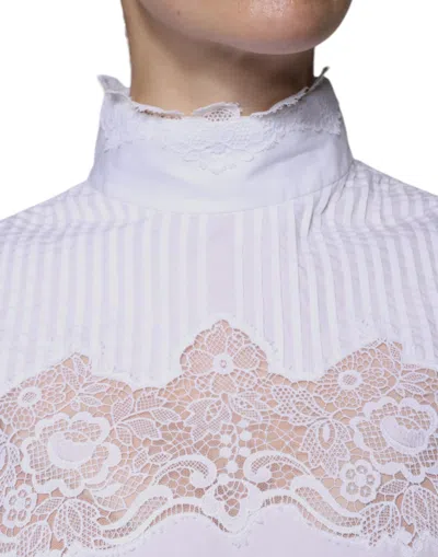 Pre-owned Dolce & Gabbana White Cotton Lace Trim Turtleneck Blouse Women's Top ()