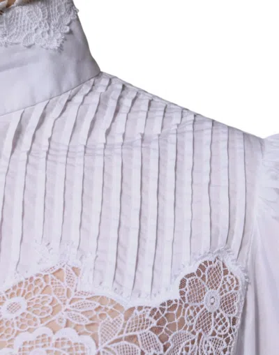 Pre-owned Dolce & Gabbana White Cotton Lace Trim Turtleneck Blouse Women's Top ()