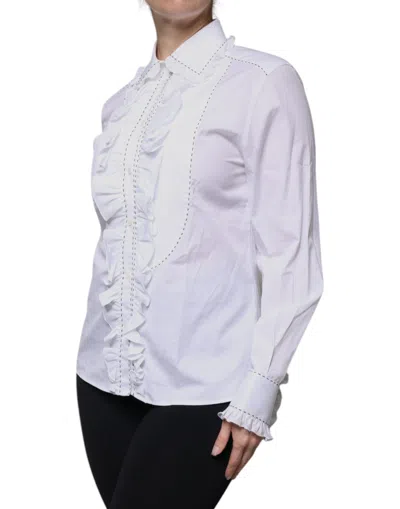 Pre-owned Dolce & Gabbana White Cotton Long Sleeves Ruffle Collar Women's Top ()