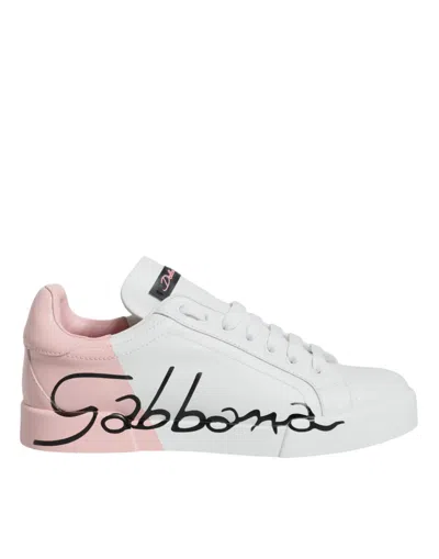 Dolce & Gabbana White Pink Portofino Low Top Sneakers Shoes In White