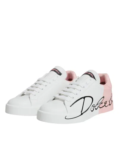 Dolce & Gabbana White Pink Portofino Low Top Sneakers Shoes In White