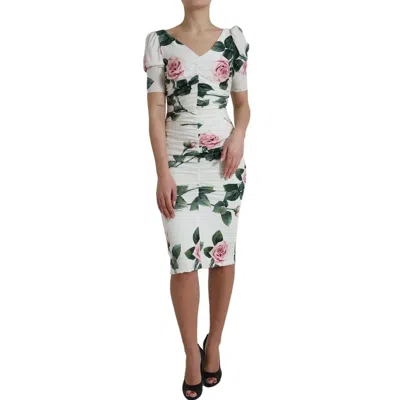 Pre-owned Dolce & Gabbana White Roses Print Stretch Silk Pleated Women's Dress ()