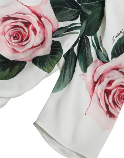 Pre-owned Dolce & Gabbana White Roses Print Stretch Silk Pleated Women's Dress ()