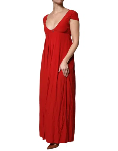 Pre-owned Dondup Red Acetate Short Sleeves Plunging Neckline Maxi Women's Dress ()