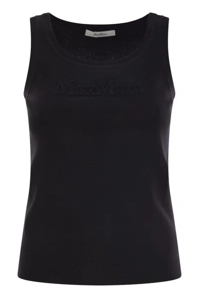 Max Mara Fitted Black Tank Top With Embossed Branding In Black