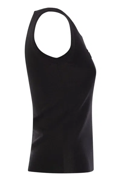 Max Mara Fitted Black Tank Top With Embossed Branding In Black