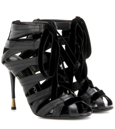 Tom Ford Leather/velvet Caged Open-toe Lace-up Bootie, Black