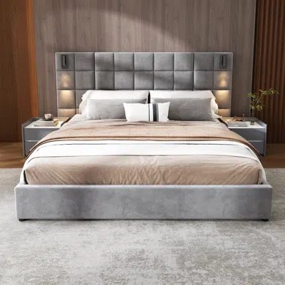 Streamdale Furniture Streamdale King Bed With Reading Lamp, Wide Headboard, Velvet, Grey