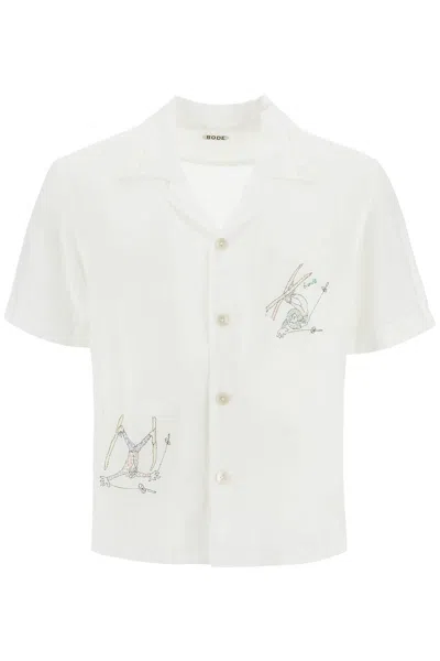 Bode Mens White Multi Skiers Graphic-embroidery Regular-fit Linen Shirt