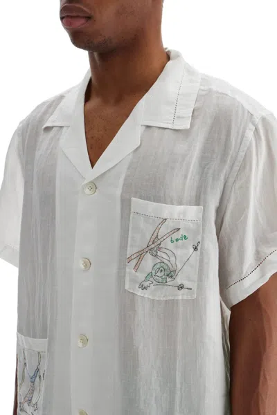 Bode Mens White Multi Skiers Graphic-embroidery Regular-fit Linen Shirt