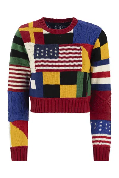 Polo Ralph Lauren Patchwork Flag Cotton Crewneck Sweater In Multicolor