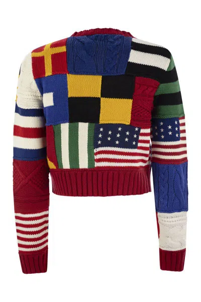Polo Ralph Lauren Patchwork Flag Cotton Crewneck Sweater In Multicolor