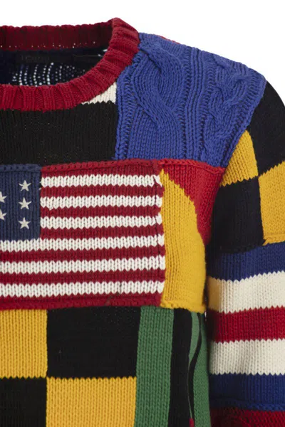 Polo Ralph Lauren Patchwork Flag Cotton Crewneck Sweater In Multicolor