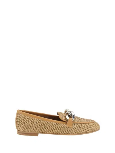 Casadei Woven Leather Loafers With Chain Detail In Beige