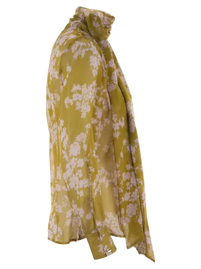 Elisabetta Franchi Floral Print Silk Blouse With Bow Detail In Yellow