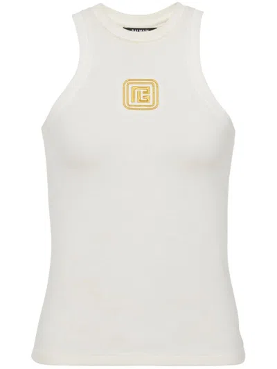 Balmain Beige Embroidered Logo Cotton Blend Top In White