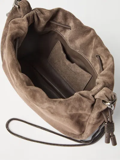 Brunello Cucinelli Soft Suede Drawstring Bag With Chain-link Strap In Multicolor