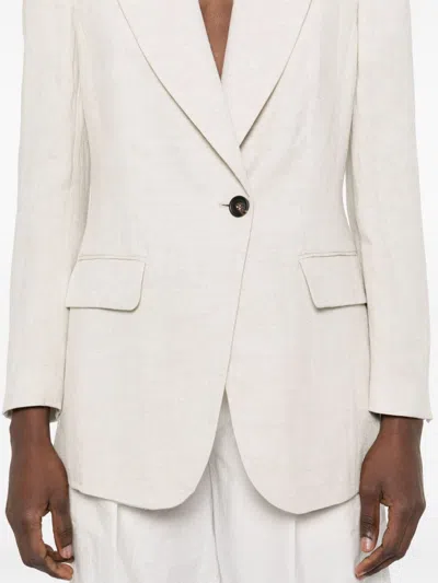 Brunello Cucinelli Linen Single-breasted Jacket Featuring Shoulder Pads In Multicolor