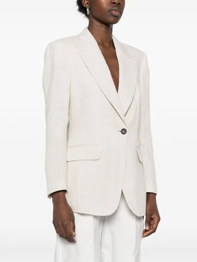 Brunello Cucinelli Linen Single-breasted Jacket Featuring Shoulder Pads In Multicolor