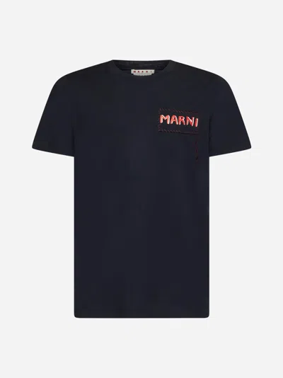 Marni Mens Black Embroidered Logo-patch Crewneck Cotton-jersey T-shirt