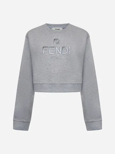 Fendi Grey Cropped Sweatshirt In Fleece Cotton Women In Light Grey Melange