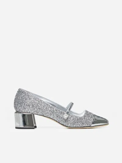 Jimmy Choo Glitter Mary Jane Pumps With Metallic Accents In Silver