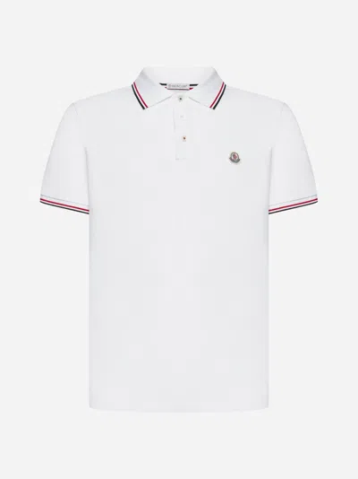 Moncler Classic White Cotton Polo With Signature Tri-color Trim In White