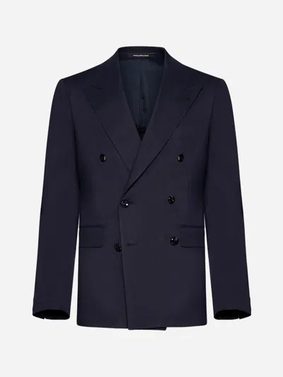 Tagliatore Linen And Wool-blend Double-breasted Blazer In Blue