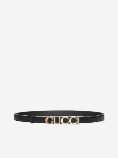 Gucci Logo-buckle Leather Thin Belt In Black