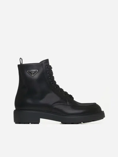 Prada Logo-plaque Leather Ankle Boots In Black