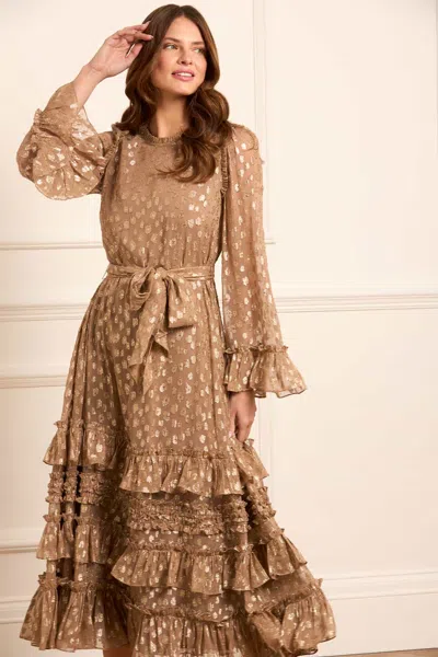 Needle & Thread Odelle Lurex Round Neck Ankle Gown In Brown