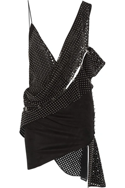Shop Anthony Vaccarello Studded Perforated Faux Suede Mini Dress