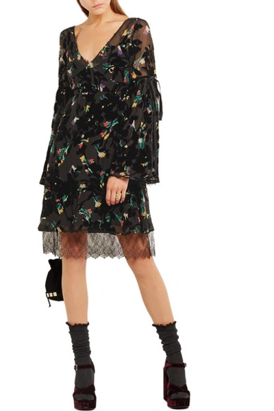 Shop Etro Velvet And Lace-trimmed Printed Devoré-chiffon Dress