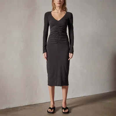 James Perse Deep V Front Ruched Dress In Black In Black