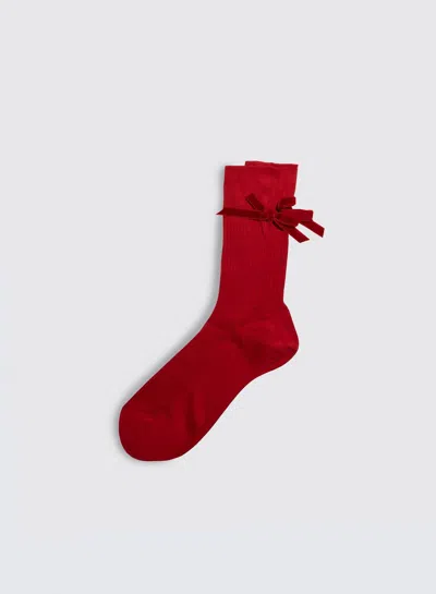 Alex Mill Maria La Rosa Cotton Ribbed Velvet Bow Socks In Red