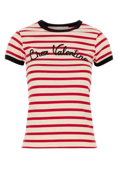 Valentino Women Ivory Striped Jersey Embroidered T-shirt In Avoriorosso